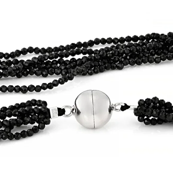 Black Spinel Rhodium Over Silver Multi-Strand Beaded Necklace